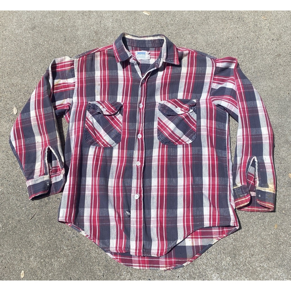 Vintage 50s 60s Cotton Flannel Montgomery Ward Sanforized M/L Plaid Distressed